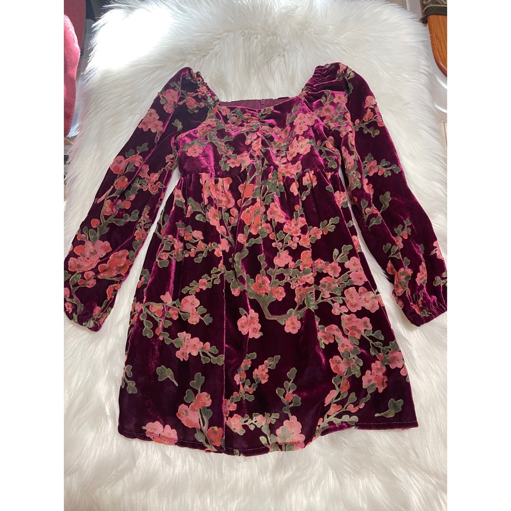 Searington Road Burgundy Floral Velvet Kids Girl's Dress Size 7 Used